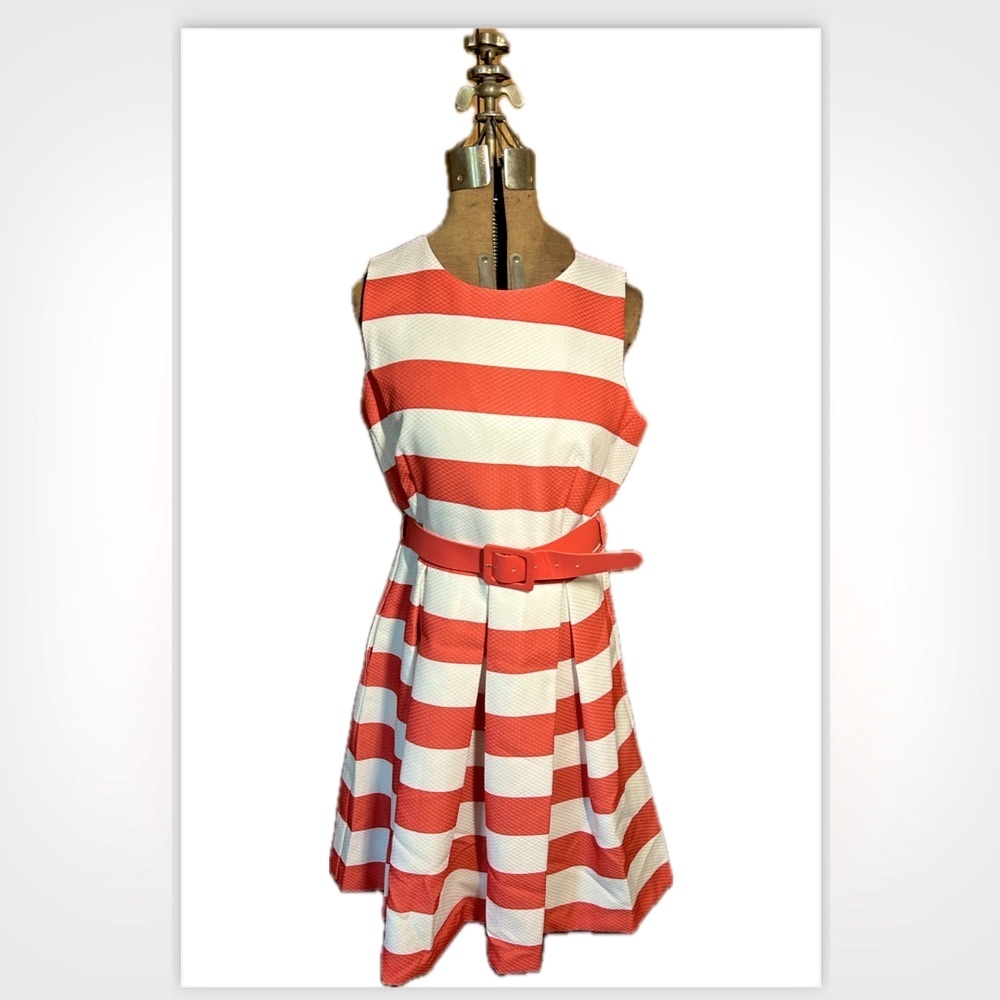Coral and white striped dress with hidden pockets and removable belt